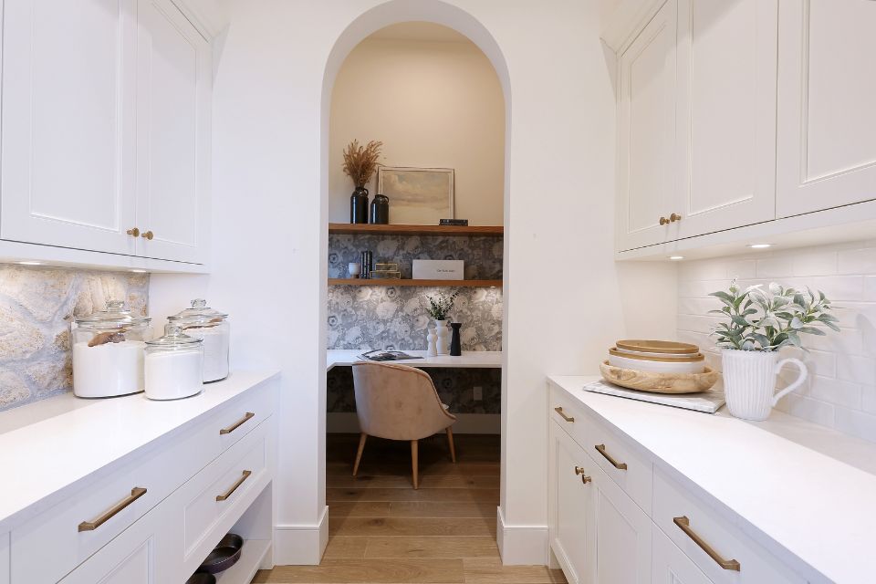 hidden home office nook off kitchen